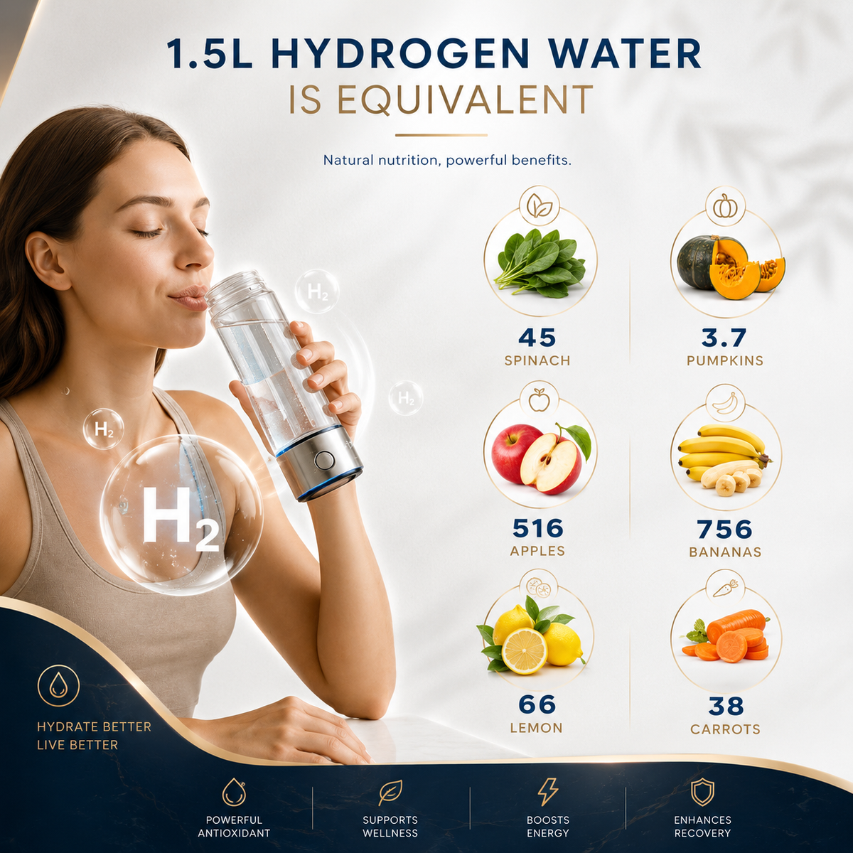 Hydrogen Water Bottle, Portable Rechargeable Generator