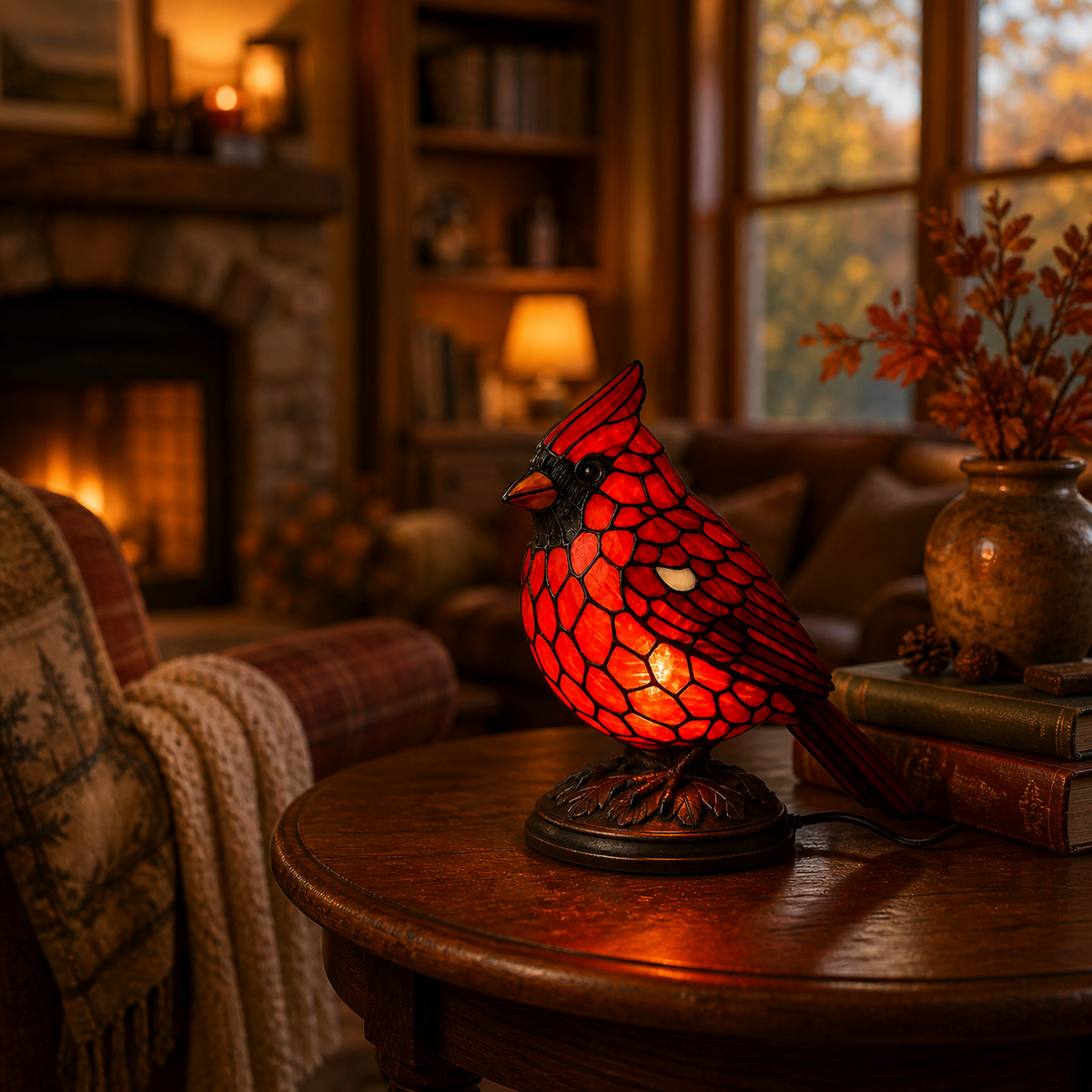 Cardinal Stained Glass Night Light, Resin Bird Table Lamp, USB Powered