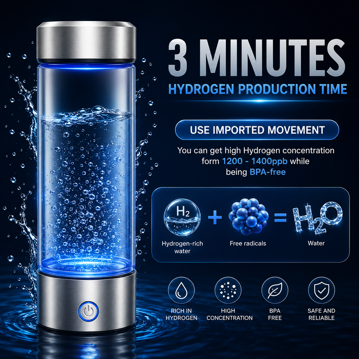 Hydrogen Water Bottle, Portable Rechargeable Generator