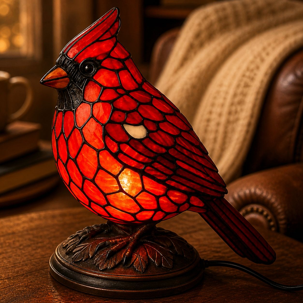 Cardinal Stained Glass Night Light, Resin Bird Table Lamp, USB Powered